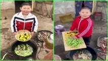 Adorable Little boy Li Giang cooking food 조리 クック For Grandparent, Share his happy Rural Life
