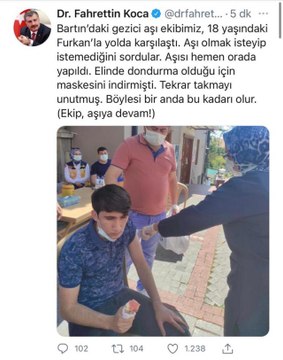 Son dakika haberleri: Bakan Koca'nın sosyal medyadan fotoğrafını paylaştığı Furkan'dan gezici aşı uygulaması için teşekkür