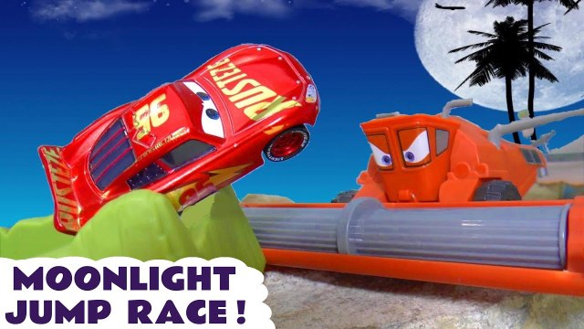 Cars 3 Lightning McQueen in Moonlight Jump Funlings Race Farthest Wins Challenge versus Frank in this Hot Wheels Family Friendly Stop Motion Toy Story Video for Kids from Kid Friendly Family Channel Toy Trains 4U