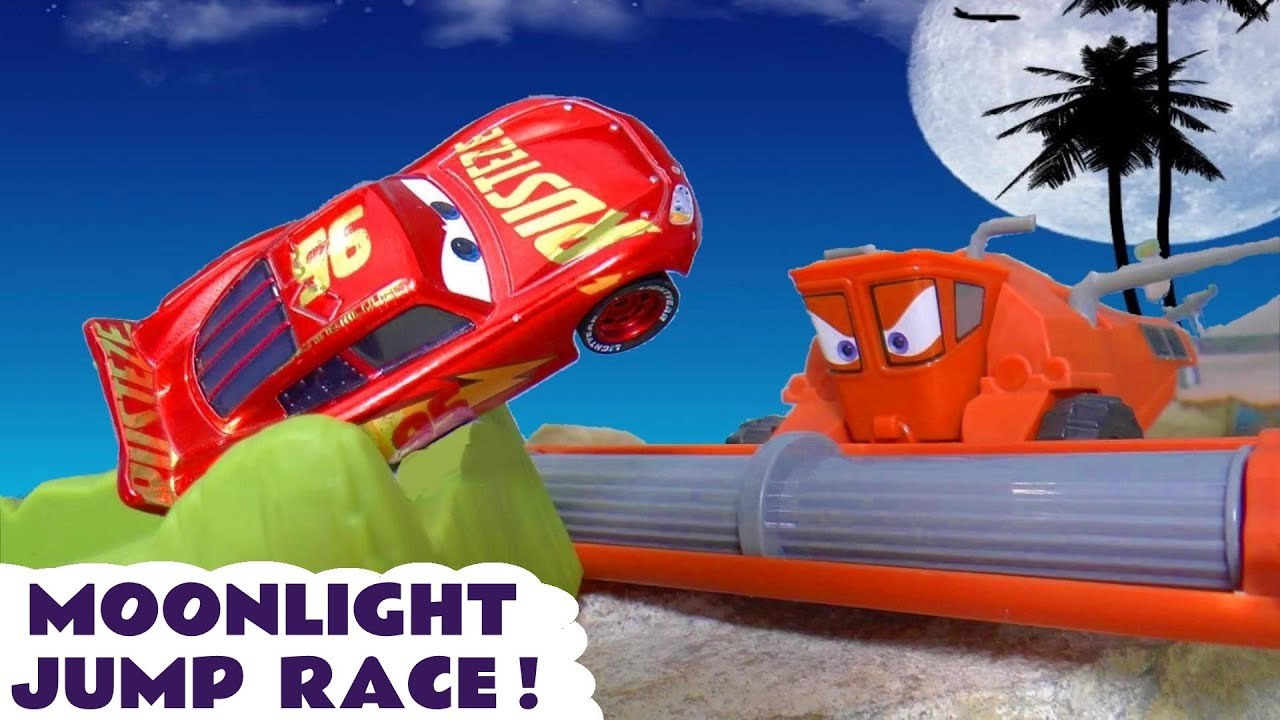 Cars 3 Lightning McQueen in Moonlight Jump Funlings Race Farthest Wins Challenge versus Frank in this Hot Wheels Family Friendly Stop Motion  Toy Story Video for Kids from Kid Friendly Family Channel Toy Trains 4U