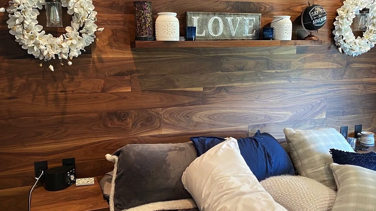 Unique Floating Headboard Build With Built-In Reading Lights And Electrical