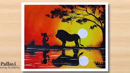 How to draw sunset painting with Loin and girl _ Poster color painting _Pallavi Drawing Academy