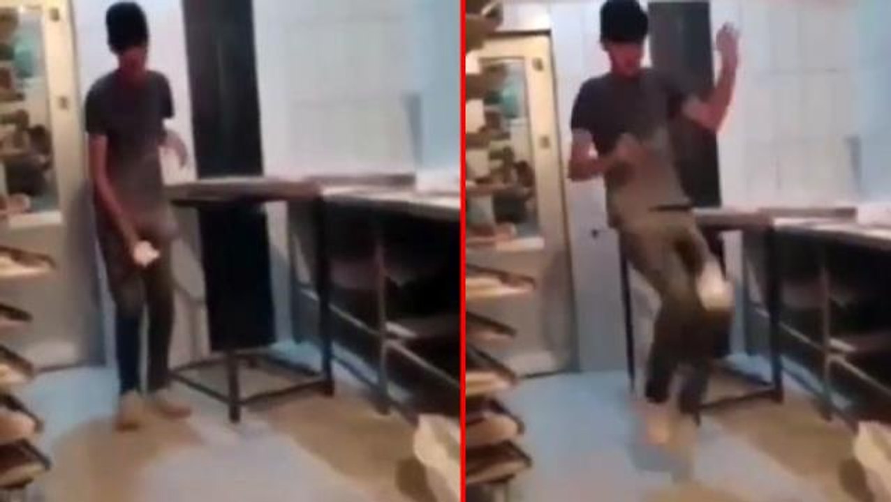 Mide bulandıran görüntüler! Fırın çalışanı, ekmek hamuru ile top oynar gibi oynadı