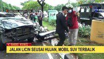 Jalan Licin, Mobil Fortuner Terguling Hingga Rusak Parah