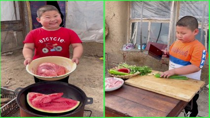 Adorable little chef cook food 조리 クック for Grandparent, Rural lifestyle