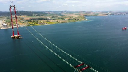 ÇANAKKALE - Drone - 1915 Çanakkale Köprüsü inşaatında askı halatlarının montajına başlandı