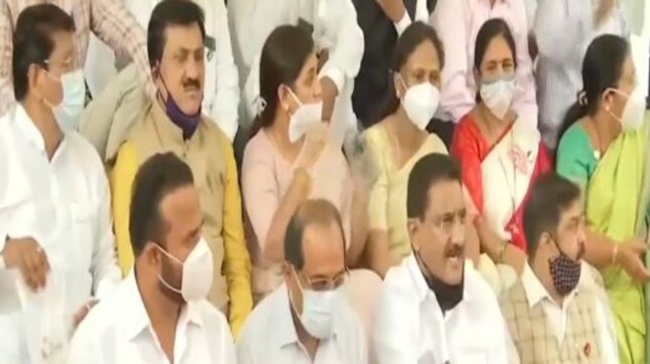 BJP MLAs protest outside Maharashtra assembly against suspension of 12 party MLAs