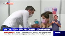 Olivier Véran vaccine une patiente dans un centre de vaccination