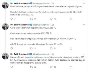Bakan Pakdemirli: "Tarımsal destek ödemeleri kapsamında yaklaşık 420,5 milyon lirayı bugün üreticilerimizin hesaplarına aktarmaya başlıyoruz."