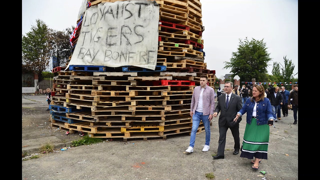 DUP leader Sir. Jeffrey Donaldson, MP and deputy leader Paula Bradley, MLA, visit the site of the Adam Street bonfire