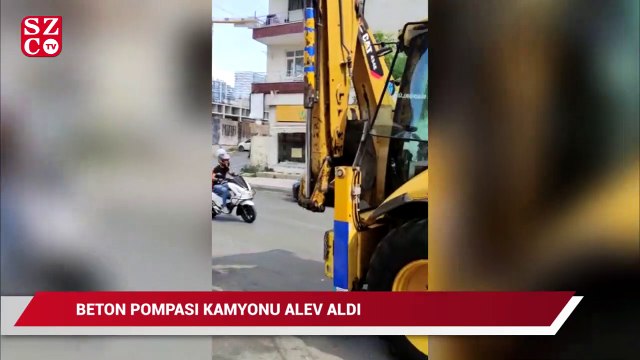 Beton pompası kamyonu alev alev yandı