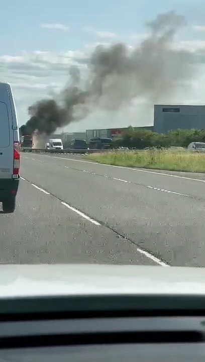 Bus on fire on A1M at Washington