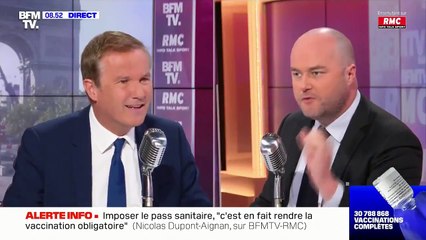 Pass sanitaire - Le chef du service politique de BFM TV, Philippe Corbé perd son sang froid, ce matin, en direct face à Nicolas Dupont-Aignan :  " Mais laissez-moi parler, laissez-moi, laissez moi parler !"