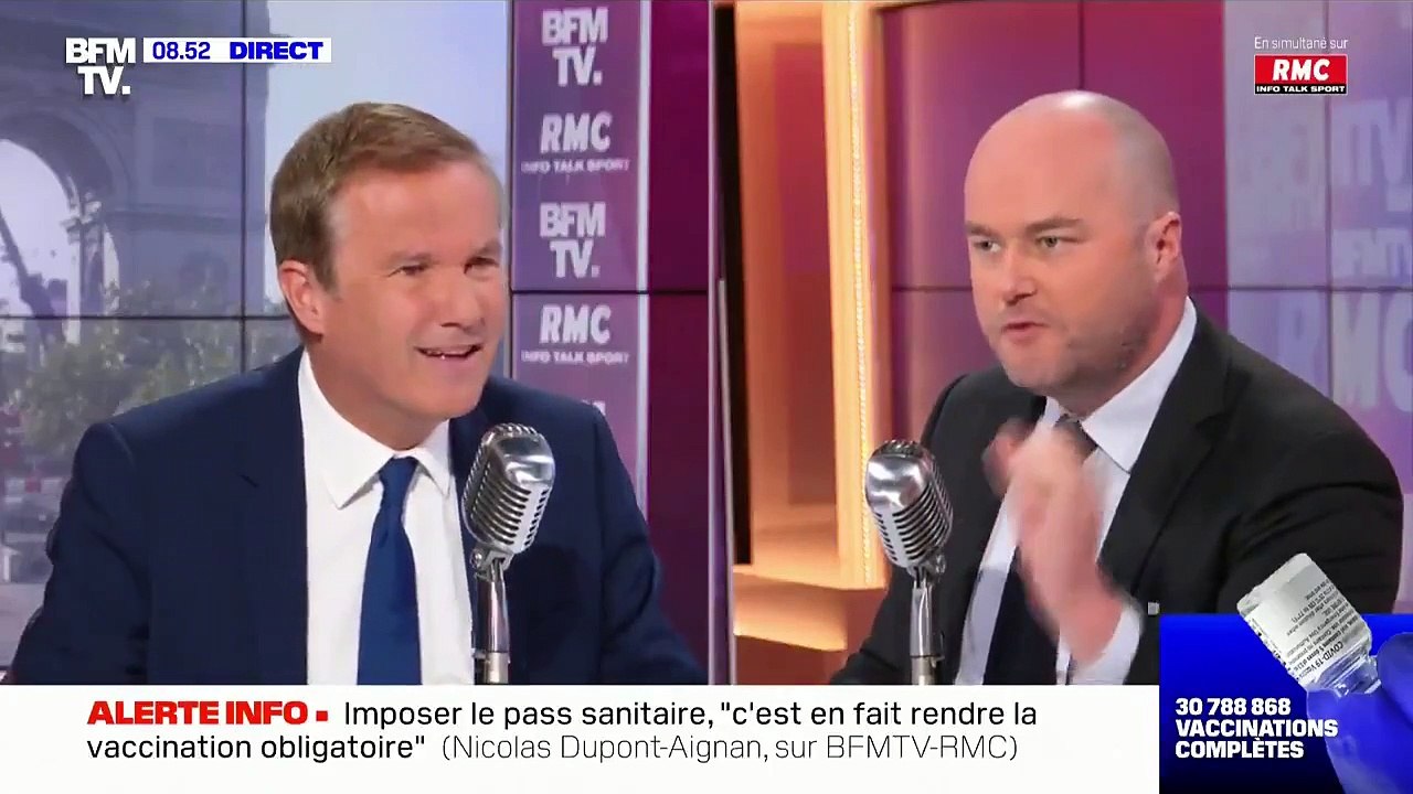 Pass sanitaire - Le chef du service politique de BFM TV, Philippe Corbé perd son sang froid, ce matin, en direct face à Nicolas Dupont-Aignan :  " Mais laissez-moi parler, laissez-moi, laissez moi parler !"
