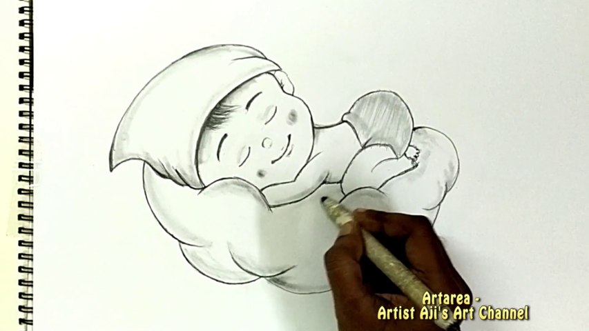How To Draw A Baby Sleeping On Clouds - Draw A Baby Sleeping On Clouds -Artist Aji - Pencil Drawing Tutorial