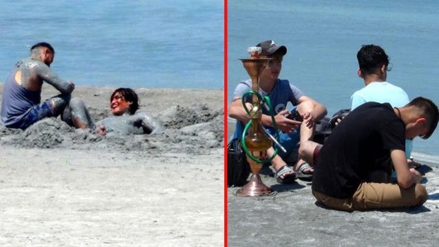 Görüntüler pes dedirtti! Yasağa aldırış etmeyen vatandaşlar Salda Gölü'nde nargile içip çamur banyosu yaptı