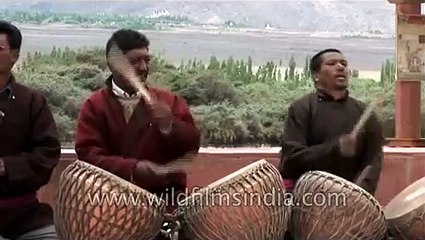 Flutist and drummers at the Sindhu Darshan Festival, Ladakh