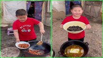 Grateful little boy cook food & dessert 조리 クック for grandparent , Rural lifestyle little chef
