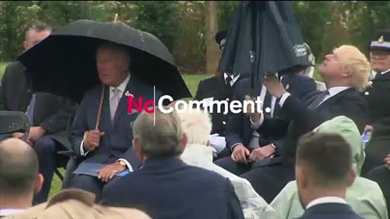 UK Prime Minister struggles with umbrella at police memorial