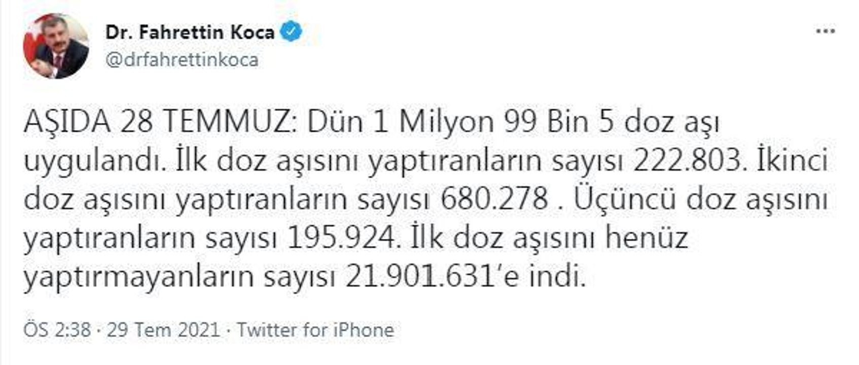 Sağlık Bakanı Koca, aşılama verilerini paylaştı: Hiç aşı olmayanların sayısı 21 milyon 901 bin 631'e indi