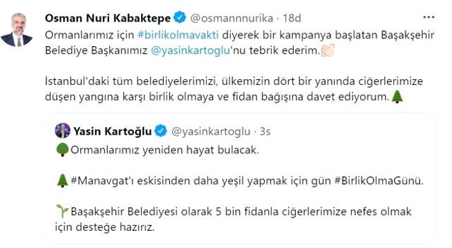AK Parti İstanbul İl Başkanı Kabaktepe'den orman yangınlarına karşı anlamlı çağrı