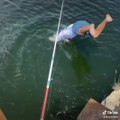 Dad Jumps in the Water to Catch Huge Fish for his Kids