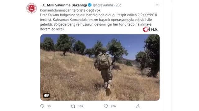 MSB duyurdu: Fırat Kalkanı bölgesine saldırı hazırlığında olduğu tespit edilen 2 PKK/YPG'li terörist etksiz hale getirildi