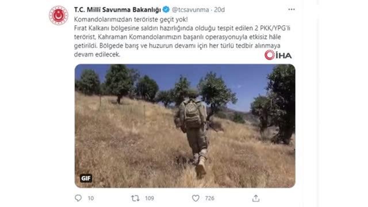 MSB duyurdu: "Fırat Kalkanı bölgesine saldırı hazırlığında olduğu tespit edilen 2 PKK/YPG'li terörist etksiz hale getirildi