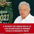 Durante la mañanera, el presidente López Obrador habló de los 13 mil 655 beneficiarios de programas federales en Badiraguato, Sinaloa.