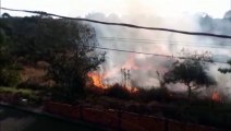 Bombeiros combatem incêndio em grande área de vegetação na Rua Serra das Palmeiras, no Colmeia