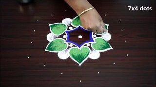 Cute White Flower Kolam design with 7x4 dots   Daily rangoli design   Friday Muggulu