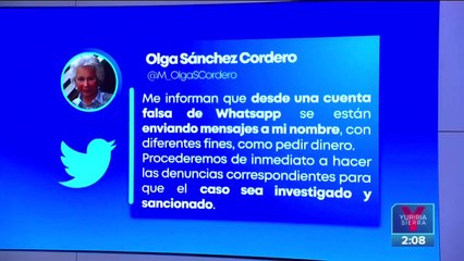 Olga Sánchez Cordero alerta por cuenta falsa de WhatsApp a su nombre