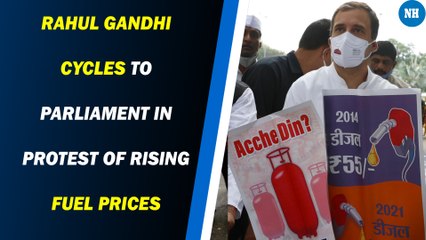 Rahul Gandhi cycles to Parliament in protest of rising fuel prices