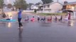Family Playfully Sits on Road and Pretends to Row Boat While Playing in Rain