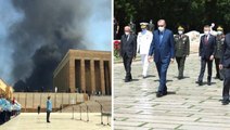 Cumhurbaşkanı Erdoğan'ın Anıtkabir'i ziyareti sırasında korkutan görüntü! Hastane inşaatında çıkan yangın gökyüzünü kararttı