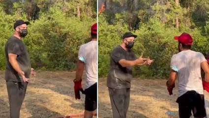 Söndürme çalışmalarında tebessüm ettiren anlar! Şahan Gökbakar'a "Recep abi" diye seslendi