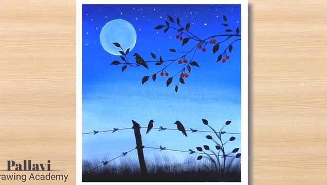 How to draw night painting with poster color step by step_Pallavi Drawing Academy