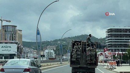 Kamyon kasasındaki iskeleler üzerinde tehlikeli yolculuk