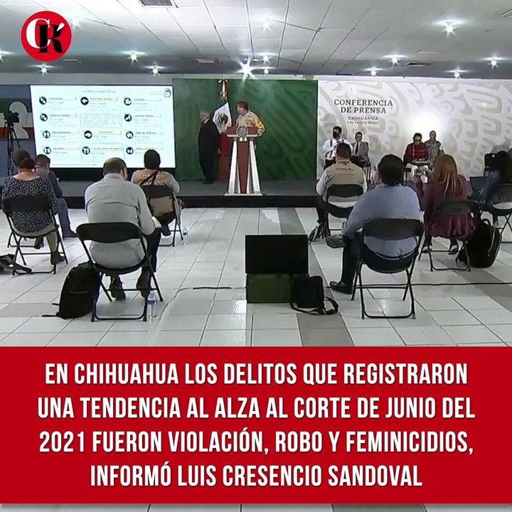 En Chihuahua los delitos que registraron una tendencia al alza al corte de junio del 2021 fueron violación, robo y feminicidios, informó Luis Cresencio Sandoval.