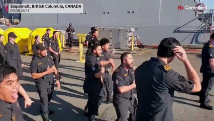 New Zealand navy personnel welcome colleagues aboard warship with powerful haka