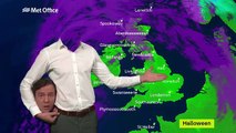 Previsões meteorológicas de Halloween dadas por apresentador...sem cabeça