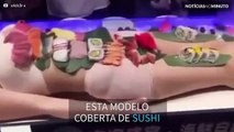 Mulher coberta de sushi ataca homem demasiado ousado com pauzinhos chineses