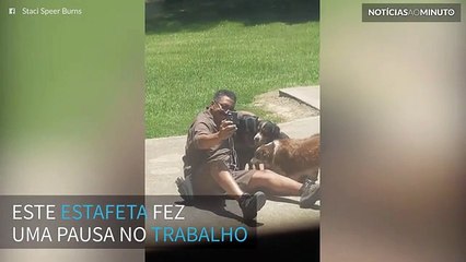Estafeta interrompe trabalho e tira selfie com cães