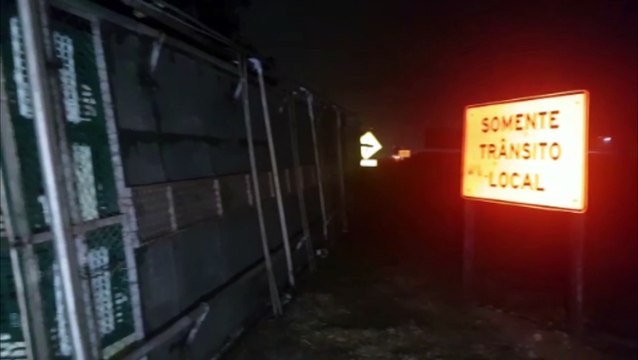 Caminhão com carga viva tomba na BR-277 em Cascavel próximo ao Trevo Cataratas