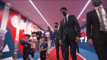 Lionel Messi makes the long walk to PSG press conference
