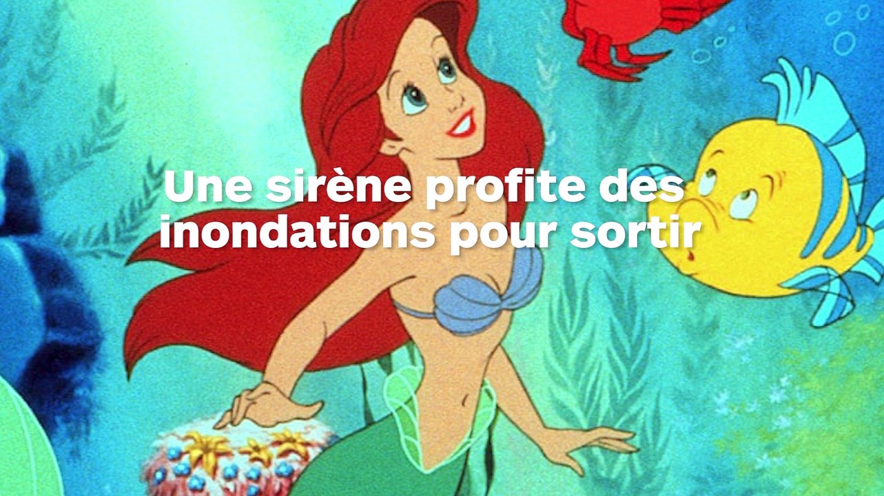 Une sirène nage dans la rue pendant des inondations