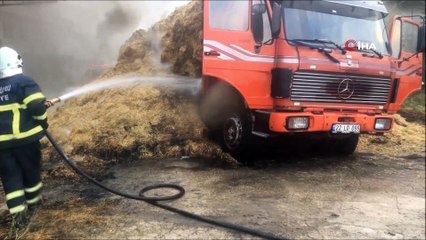 Park halindeki kamyonun kasasındaki samanlar yandı