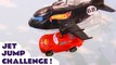 Pixar Cars Lightning McQueen in Funny Funlings Race Competition Jump Jet Challenge versus Hot Wheels Marvel Avengers and PJ Masks by Kid Friendly Toy Trains 4U