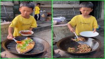 Rural lifestyle little boy cook food 조리 クック He cook lite professional chef