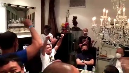 Manny Pacquiao celebrates Casimero's win over Rigondeaux with guests in his LA home